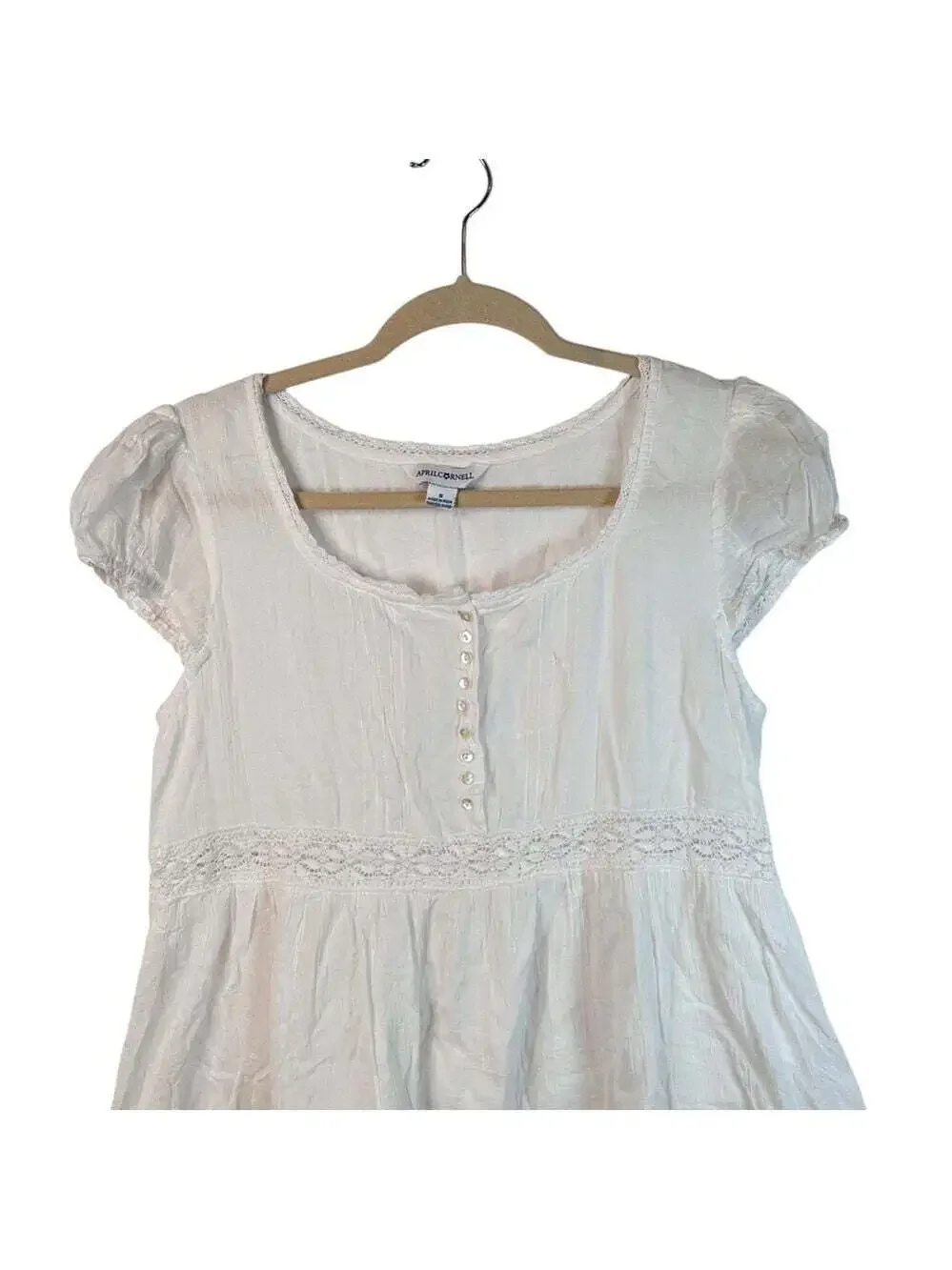 April Cornell Embroidered Dress Small White Cap Sleeve Lace Trim Boho Summer
